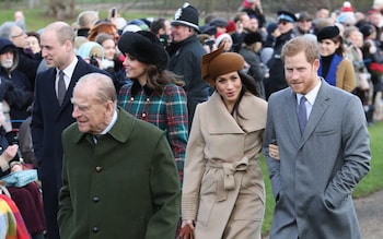 Prince William, Duke of Cambridge, Prince Philip, Duke of Edinburgh, Catherine, Duchess of Cambridge, Meghan Markle and Prince Harry attend Christmas Day Church service at Church of St Mary Magdalene, King's Lynn, Norfolk, in 2017