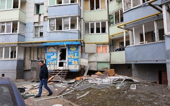 A damaged apartment building in Belgorod, Russia, after aerial attacks